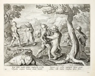 Uomini in armatura pesante attaccano orsi pugnalando loro nei punti vitali, illustrazione da 